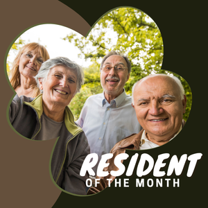 Group of Older adults pictured together smiling, Resident of Month